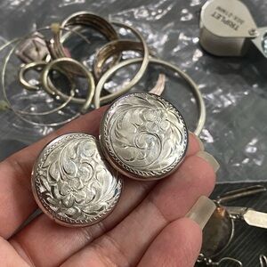 Hand Engraved  sterling Silver Floral Button Earrings